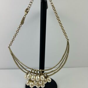 Chico’s Elegant Gold Pearl BIB Choker Necklace BOHO Statement Holiday Retro